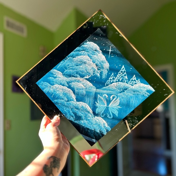 VTG Swan Lake Moonlight Cottagecore Rustic Hand Painted Glass Mirror Wall Art - Picture 10 of 10